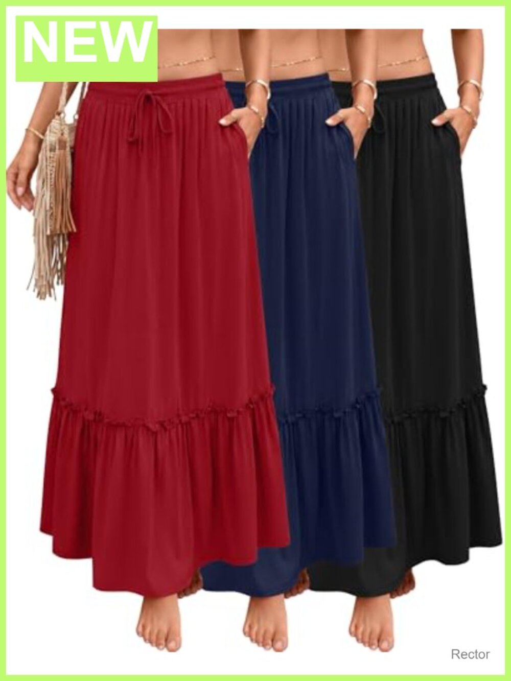 3 Pack Boho Maxi Skirts with Pockets Tiered A-Line Drawstring Waist